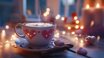 Cozy heart mug, warm drink, candlelight, romantic evening