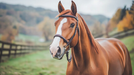 Obraz premium Horse stands gracefully in a lush pasture surrounded by trees