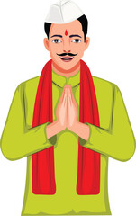 Indian Gujarati Man Greeting Namaste Cartoon Character Vector Illustration