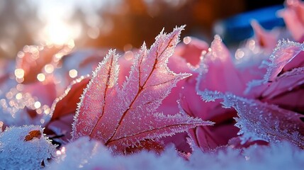 A mesmerizing macro shot showcases delicate ice crystals clinging to vibrant pink leaves, transforming nature's canvas into a winter wonderland The frosted foliage, bathed in soft, ethereal light