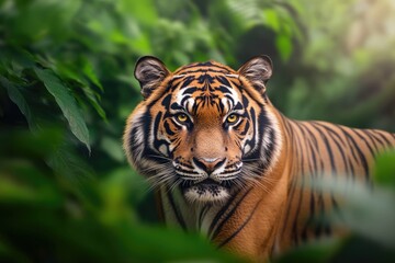Obraz premium Majestic tiger prowls through lush greenery, showcasing its powe