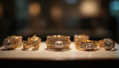Close-up assortment of luxury gold jewelry. Rings with diamonds, gemstones, elegant designs, rich wealth. Fashionable accessories display in shop window. Shiny metal, expensive precious gifts for