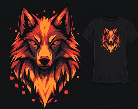 Fiery wolf design on a black t-shirt.  Intense orange and red hues create a powerful image.