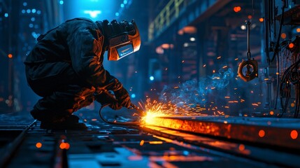 Shipyard Worker Welding Massive Steel Plates with Glowing Sparks