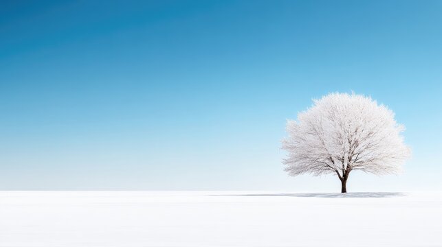 Solitary winter tree against a vast, clear blue sky, on a pristine snow-covered field - Powered by Adobe