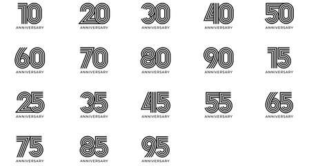 Minimalist anniversary typography logo set with cutout geometrical numbers for corporate branding, milestone celebrations, luxury events, business achievements. Vector illustration