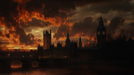 Fototapeta premium A stunning evening view of the Westminster Palace and Big Ben in London, set against a dramatic sky filled with dark, textured clouds.