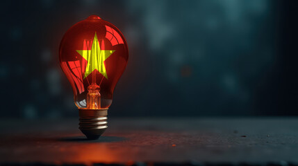 A patriotic concept: A light bulb with the Vietnam flag design glowing in the dark, symbolizing ingenuity, technology, and energy independence