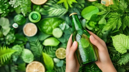 Green bottle held, foliage background, eco ad