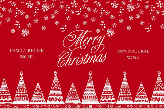 merry Christmas Wine Bottle Label Design, White Pattern, Red Background, For Beverage Business - Powered by Adobe