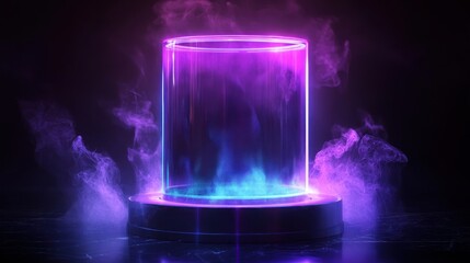Obraz premium Glowing Cylinder, Smoke, Dark Studio, Product Display