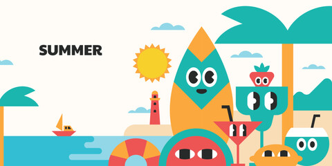 Summer background in geometric flat style. Colorful cartoon character groovy fruits.