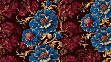 Baroque floral tapestry with burgundy and sapphire blue flowers and gold