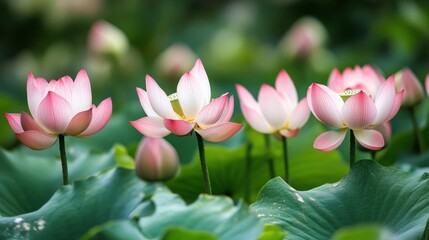 Obraz premium Pink lotuses bloom in serene pond garden