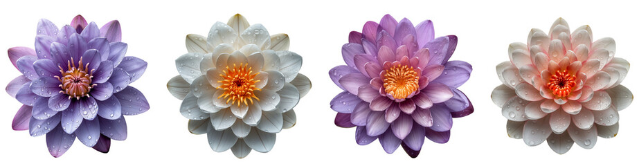 Fototapeta premium Elegant Water Lilies Pack of 4 with Water Droplets Isolated on a Transparent Canvas PNG File