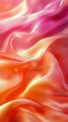 Colorful silk fabric gracefully waves in soft lighting, showcasing vibrant shades of orange, pink, and peach