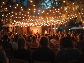 Outdoor performance with audience seated beneath string lights in an evening theatrical setting