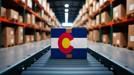A package wrapped in the Colorado flag moves on a conveyor belt inside a warehouse. Symbolizing logistics, global trade, and the efficiency of supply chains.