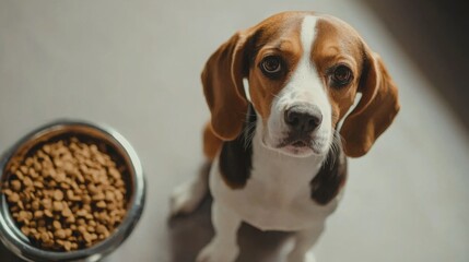 Adorable Beagle dog sitting with bowl of dry food near green wall at home