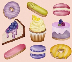 Colorful dessert assortment featuring cupcake, cheesecake, berry cake, macarons, eclairs and donuts on a soft pink background celebrating sweet treats
Hand-drawn digital watercolour illustration 