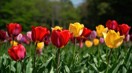 Obraz premium Vibrant tulips in various colors sway gently under bright sunlig