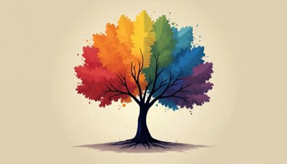 Minimalist illustration of rainbow tree. Symbolizes growth, diversity, unity within LGBTQIA community. Clean lines, simple background. Positive message about love, equality, acceptance, inclusion.