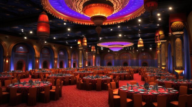 Arabian Nights themed banquet hall, opulent event setup, starry ceiling,  for marketing