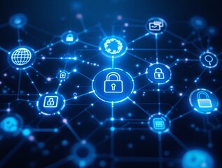 Futuristic cybersecurity network with glowing padlock icons interconnected by lines on a digital blue background, representing online data protection. Ai generative