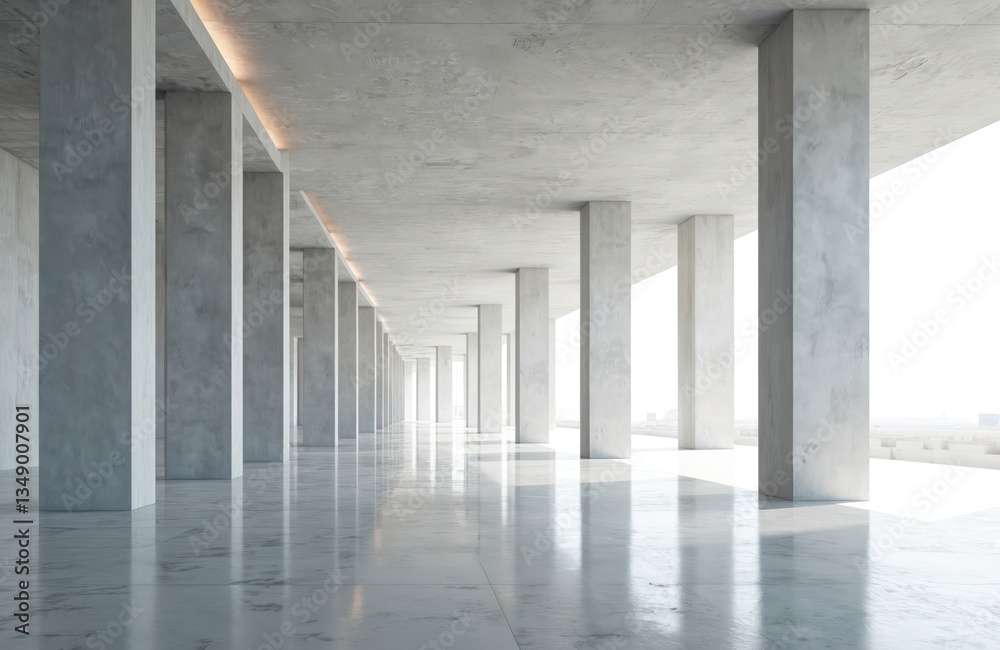 Poster Modern concrete hall with massive columns, huge windows. Light and shadow play. Empty space, perfect for architecture, interior design projects. Ideal for background or presentation.