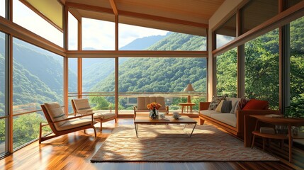 Fototapeta premium Mountain view living room, sunrise, modern home, interior design, relaxation