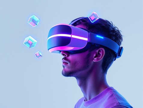 Man wearing a futuristic VR headset with glowing neon lights, surrounded by floating digital cubes on a soft blue background. Concept of virtual reality and metaverse. Ai generative - Powered by Adobe