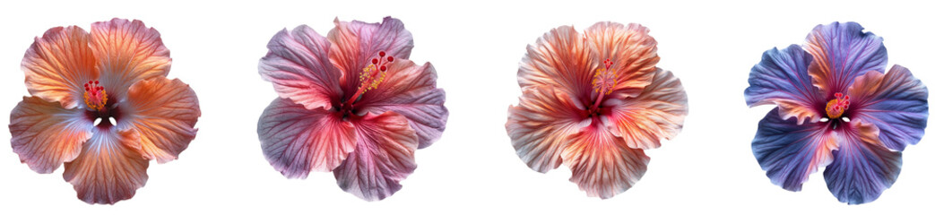 Colorful Hibiscus Flowers Pack of 4 Isolated on a Transparent Canvas PNG File