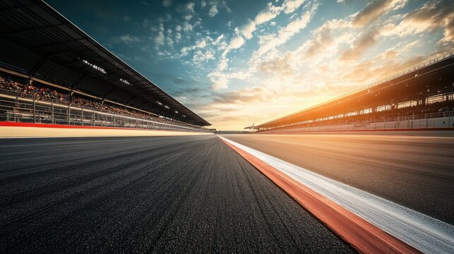 Sunset race track, asphalt, speed, crowds, grandstand, motion blur, competition, advertising