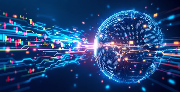 Digital globe with binary code and glowing data streams on a dark background, representing technology, global communication, and big data concepts. Ai generative