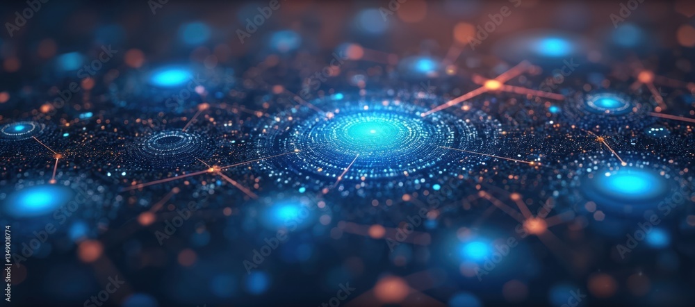Aufkleber Abstract network tech background illustration. Digital cyberspace with data connectivity, software development, innovative design. Futuristic blue glowing lights, circuits, coding, binary code,