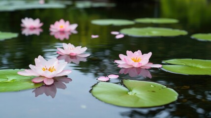 Delicate pink water lilies float gracefully on serene pond surfa