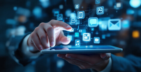Close-up of hands interacting with a tablet, accessing digital icons in a futuristic tech interface, glowing blue elements, blurred background, concept of innovation. Ai generative