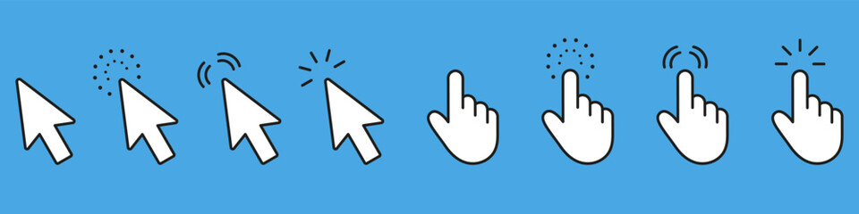 Cursor And Pointer Hand Interaction Solid Icon Set. Mouse Clicks And Touch Gestures Silhouette Symbol Collection. Isolated Vector Illustration