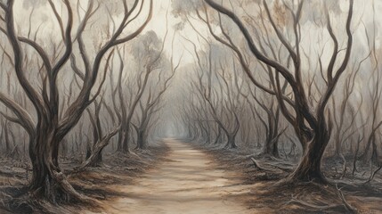 Obraz premium Misty forest path, pale trees, mysterious background, evokes tranquility, ideal for fantasy