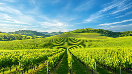 Fototapeta premium Panoramic View of Lush Green Vineyard with Rows of Vines under a Bright Blue Sky