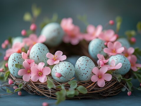 Feiner Osterkranz aus Fr&uuml;hlingsblumen und dekorativen Eiern