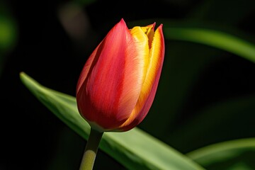 Vibrant tulip blooms with striking red and yellow petals against