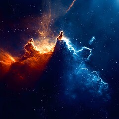 Obraz premium A striking nebula with contrasting fiery orange and deep blue clouds, illuminated by distant stars, creating a dramatic cosmic scene.