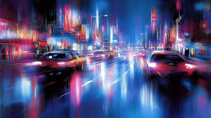Nighttime city scene featuring illuminated buildings and moving vehicles