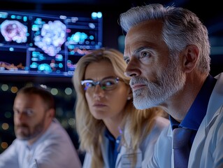 In a brightly lit futuristic conference room, a diverse group of doctors engages in a lively discussion about the implications of AI-generated radiology reports Holographic screens display intricate