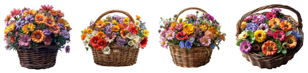 Charming Flower Baskets Pack of 4 Isolated on a Transparent Canvas PNG File