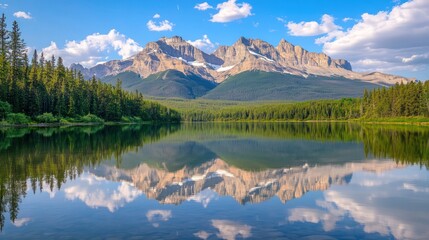 Calm lake reflecting mountains, forest, sunny sky; travel, nature