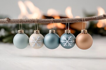 Christmas ornaments on branch with fireplace.