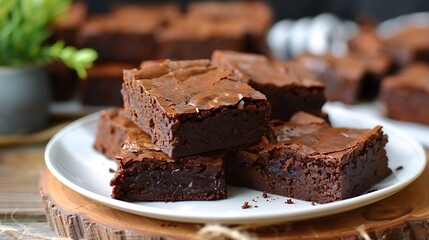 A stack of chocolate brownies on a white plate with more brownies and a plant in the background