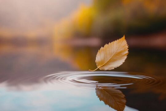 Golden leaf gently floats on serene water surface, creating ripp